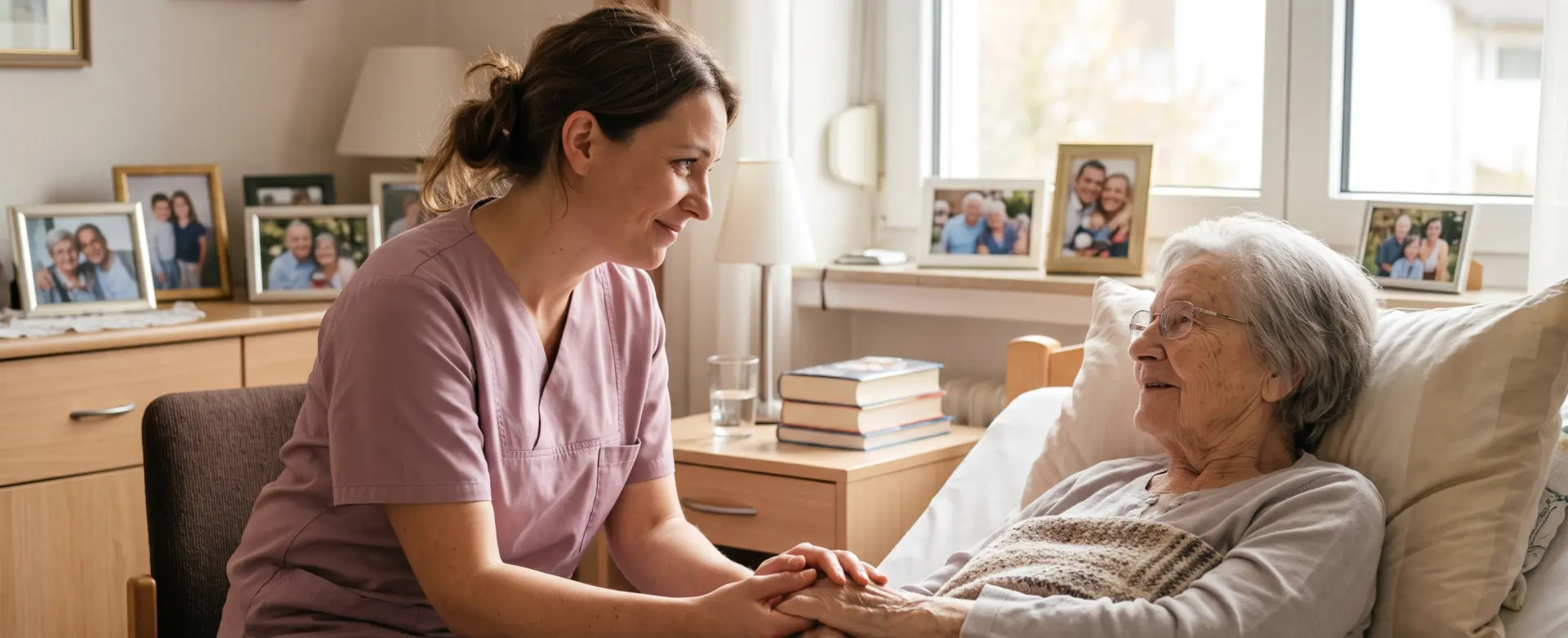 Palliativfachkraft begleitet ältere Person einfühlsam zu Hause und hält ihre Hand