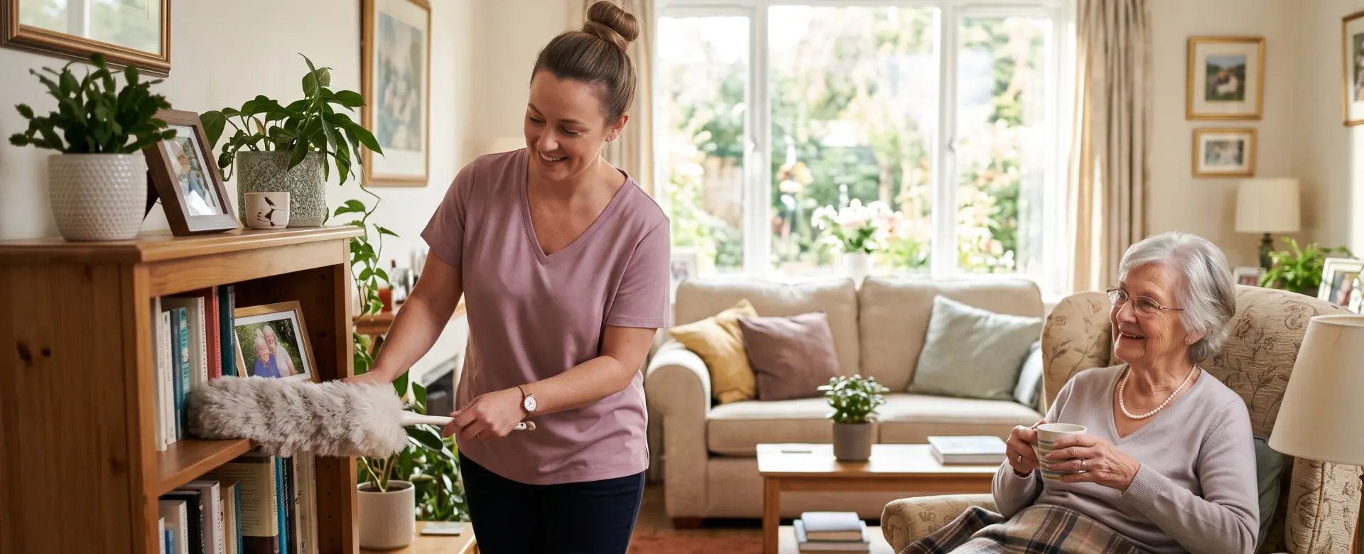 Hauswirtschaftskraft reinigt Wohnzimmer während ältere Person entspannt in der Nähe sitzt