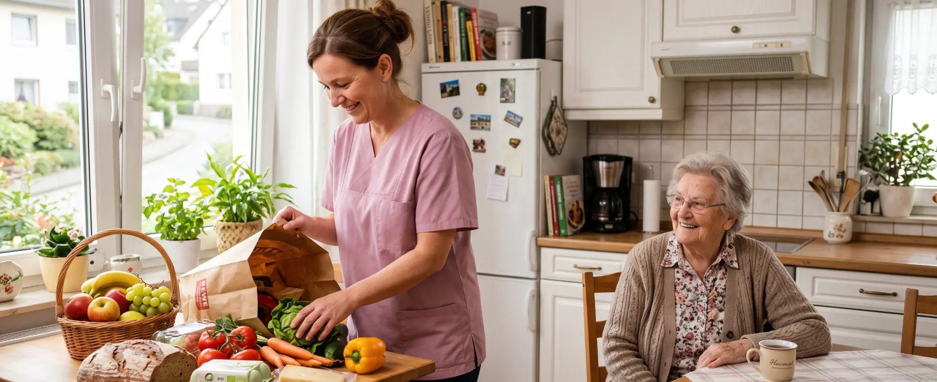Hauswirtschaftskraft räumt Einkäufe in der Küche einer älteren Person zu Hause ein
